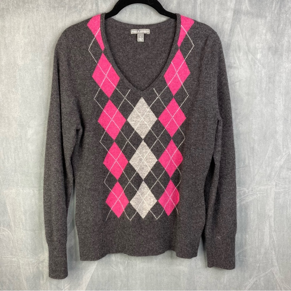 APT. 9 Women's 100% Cashmere Sweater  Argyle V Neck Gray Pink Size Large